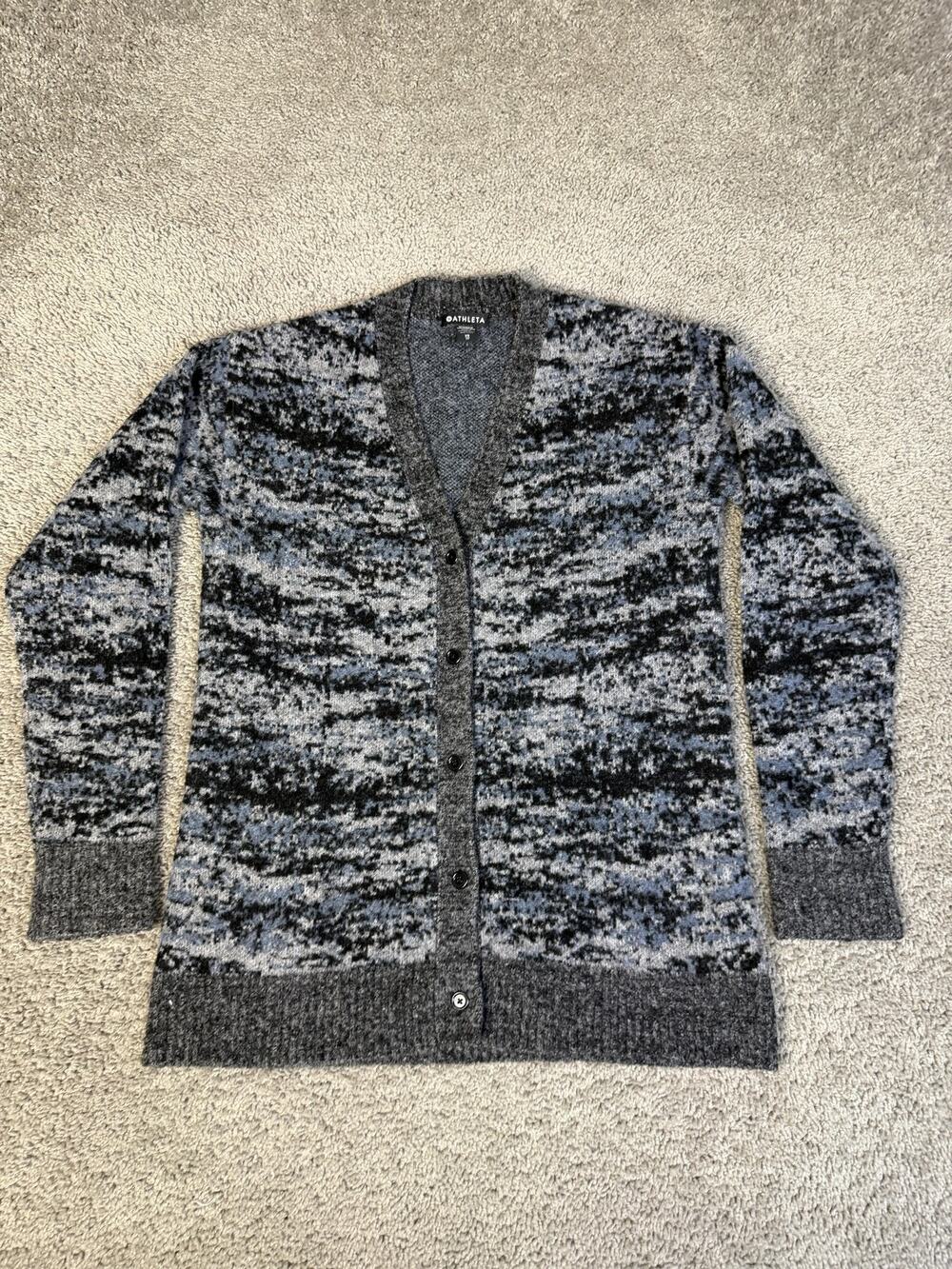 Athleta Cardigan Sweater Womens XS Westlake Textured Camouflage V-Neck Wool Blen